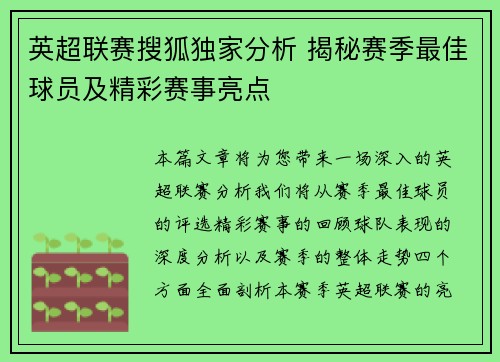 英超联赛搜狐独家分析 揭秘赛季最佳球员及精彩赛事亮点