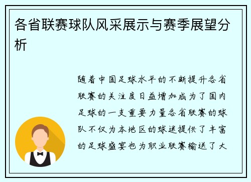 各省联赛球队风采展示与赛季展望分析