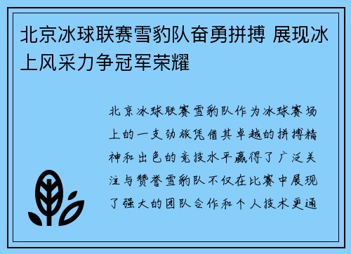 北京冰球联赛雪豹队奋勇拼搏 展现冰上风采力争冠军荣耀