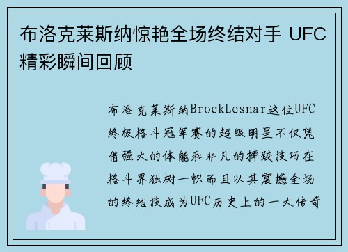 布洛克莱斯纳惊艳全场终结对手 UFC精彩瞬间回顾