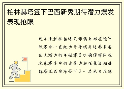 柏林赫塔签下巴西新秀期待潜力爆发表现抢眼